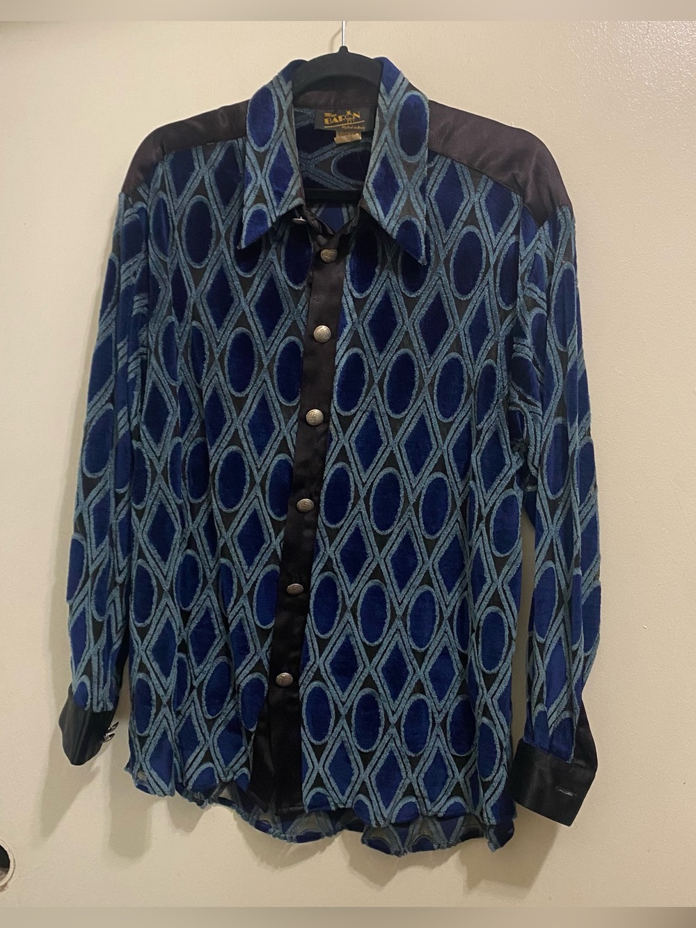 Vintage Max Baron Mens M Medium Velvet Button Down Shirt Diamond Geometric Blue